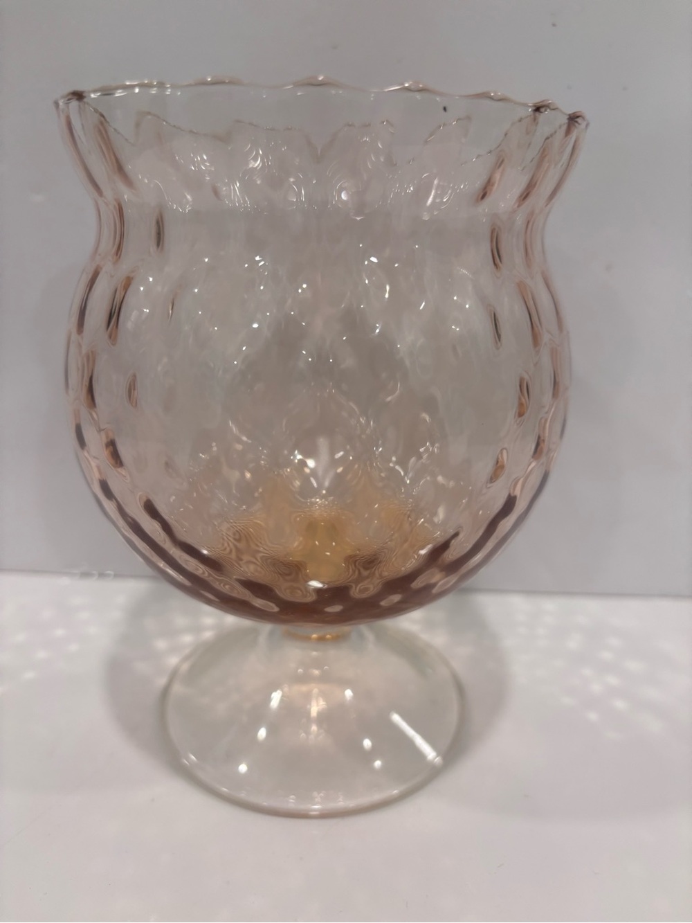 Vintage Pink Pressed Glass Footed Rose Bowl Vase Scalloped Rim Mid Century 6.5”